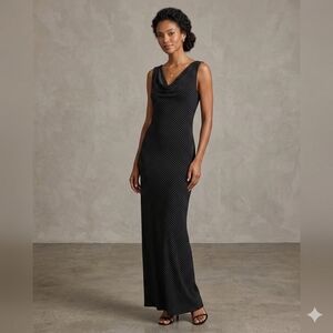 Ronni Nicole Black Polka Dot Maxi Dress Wirh Draped Beck Size Med